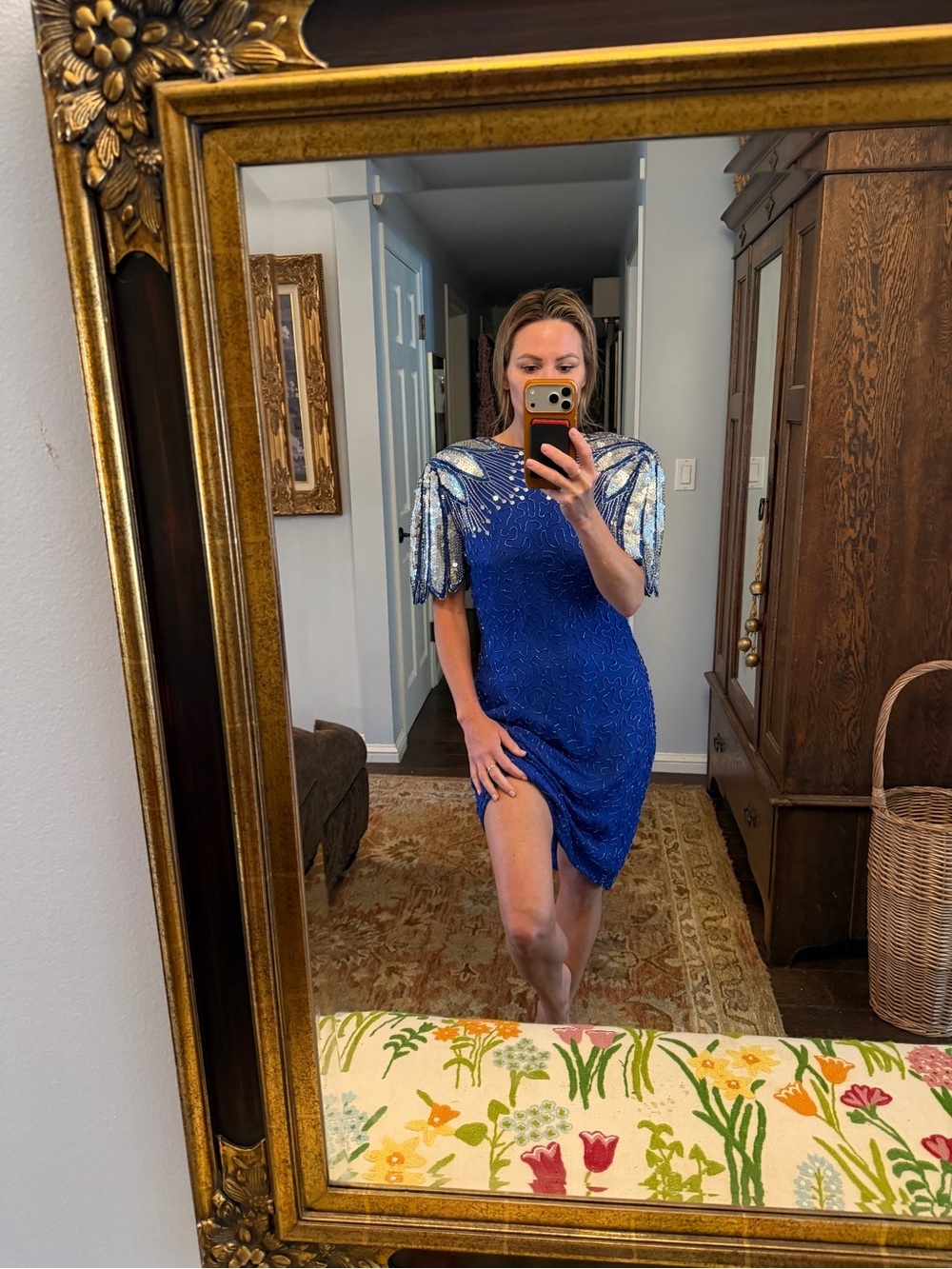 Laurence Kazar Royal Blue Mini Dress with Silver Sequin Shoulders